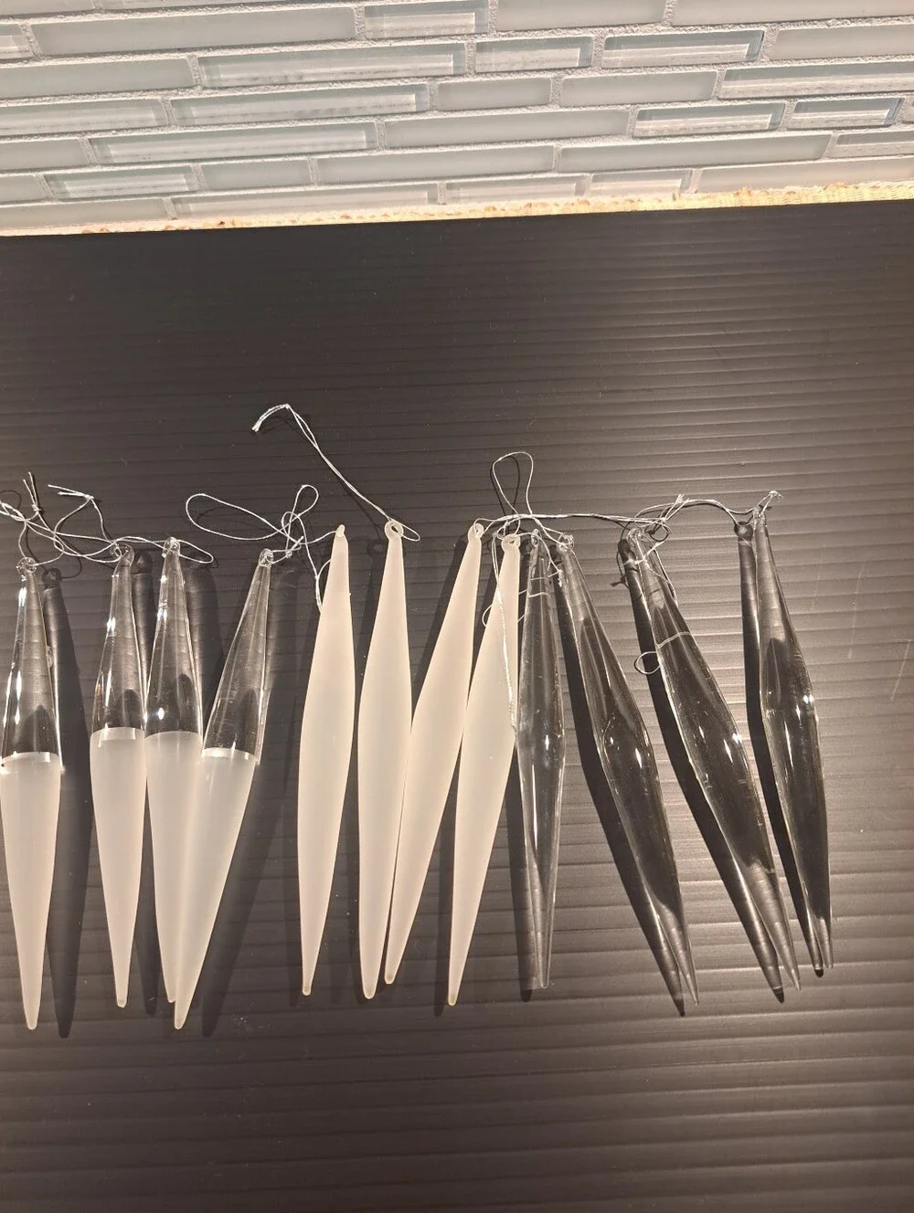 12 pc Vtg Clear & Frosted GLASS ICICLE Christmas Tree Ornaments.